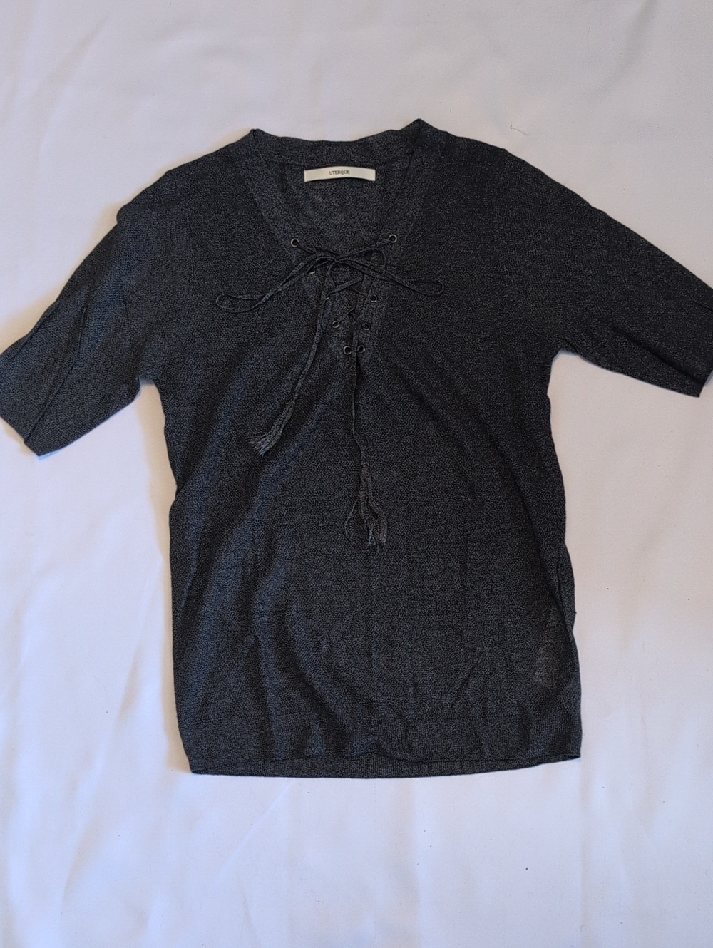 Uterqüe Dark Gray Lace-Up Short Sleeve Knit Top